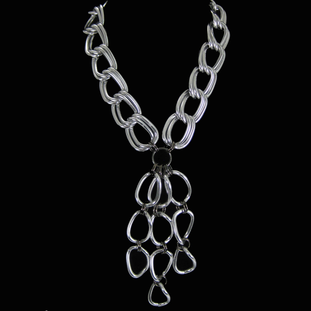1128n Silver Tone Large link Chain Tassel Necklace