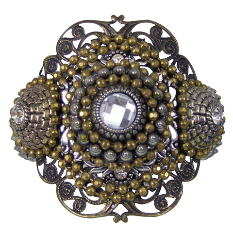 #1034b Gold & Silver Tone Filigree & Crystal Rhinestone Embellished Cuff Bracelet