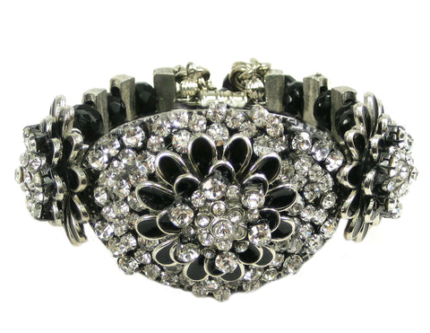 #1033b Gunmetal, Jet, Black Enamel & Rhinestone Floral Cuff Bracelet