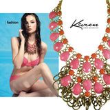 #1083n Pink, Orange & Gold Tone Bib Necklace