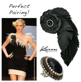#791p Black Leather, Rhinestone, Flower & Feather Corsage Pin