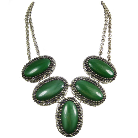 #758n Gunmetal & Silver Tone Filigree With Emerald Cabochon Bib Necklace
