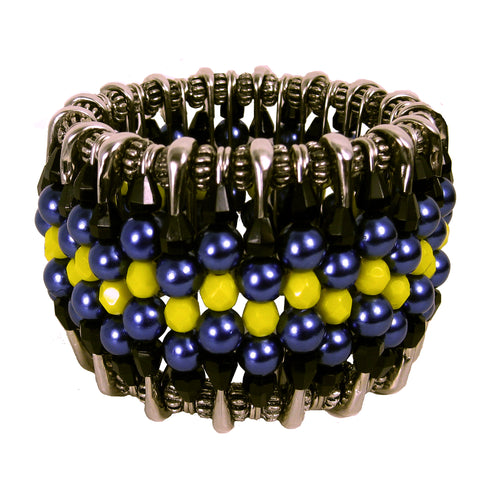#1002b Cobalt Blue, Black, Yellow & Silver Tone Safety Pin Cuff Bracelet