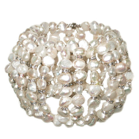 #1011b Fresh Water Pearl & Rhinestone Oversized Cuff Bracelet