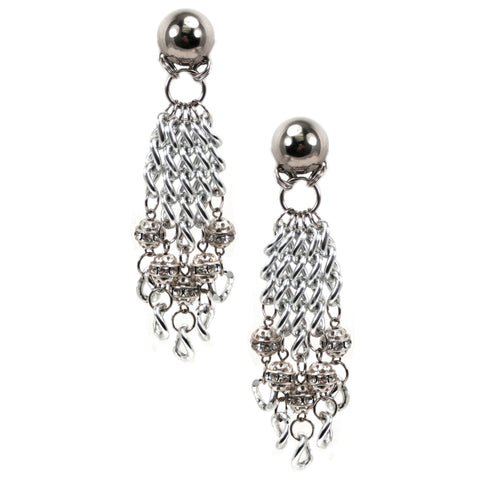 #1044e Silver Tone Chain & Rhinestone Bead Cascade Earrings