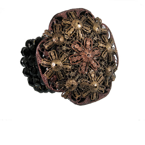 #1049b Gold/Copper Tone Filigree Embellished Jet Bead Cuff Bracelet