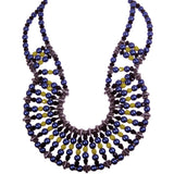#1052n Black, Cobalt Blue, Yellow & Silver Tone Safety Pin Bib Necklace