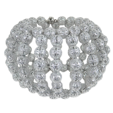 #1056b Silver Tone Filigree Bead Cuff Bracelet