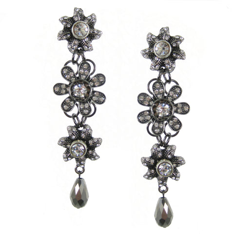 #1099e Silver Tone, Crystal & Hematite Floral Drop Earrings