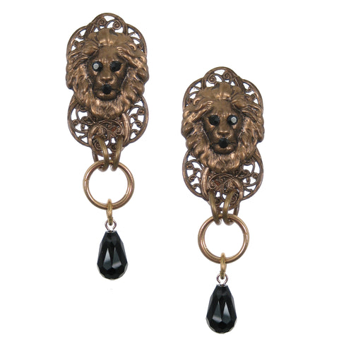 #1105e Old Gold Tone Filigree & Lion Head With Jet Drop Earrings