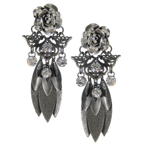 #1106e Gunmetal Floral Rhinestone & Filigree Drop Earrings