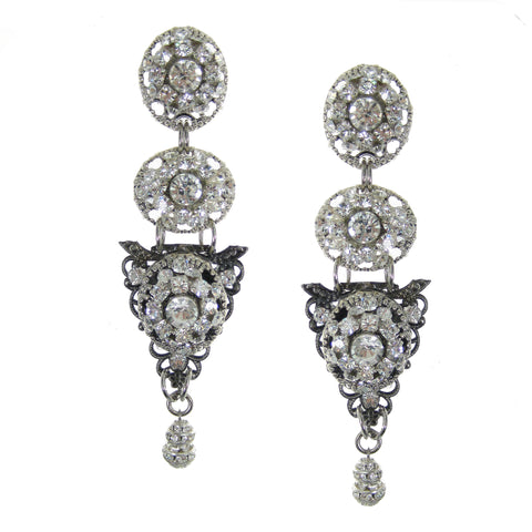 #1109e Crystal Rhinestone & Filigree Button Drop Earrings