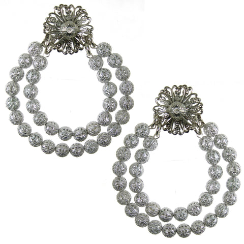 #1110e Silver Tone Filigree Bead Double Hoop Earrings