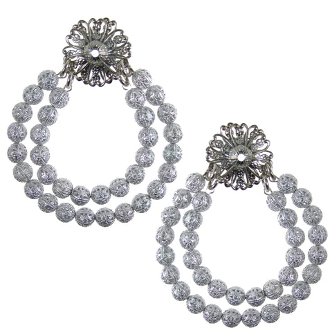 #1110e Silver Tone Filigree Bead Double Hoop Earrings