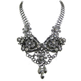 #1131n Silver Tone, Crystal & Hematite Floral Bib Necklace