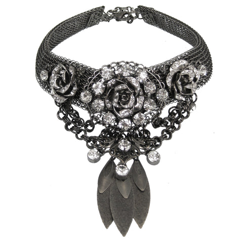 #1137n Gunmetal Metal Mesh Collar & Bib With Rhinestone & Filgree Floral Detail