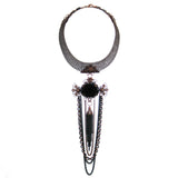 #1139n Old Copper Tone Mesh Collar With Jet, Filigree & Chain Tassel Pendant