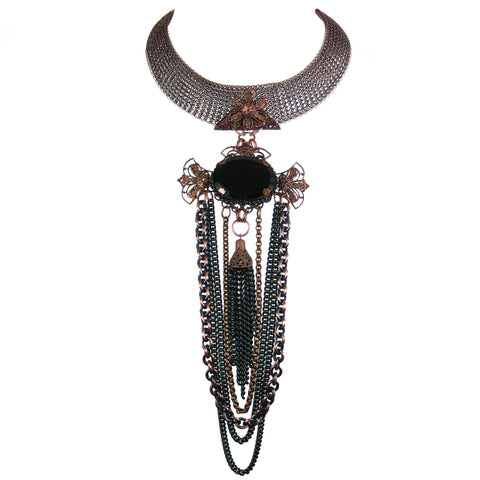 #1139n Old Copper Tone Mesh Collar With Jet, Filigree & Chain Tassel Pendant
