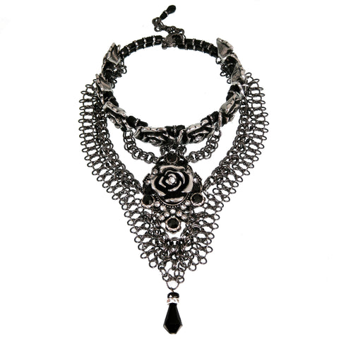 #1140n Silver Tone, Gunmetal, Jet & Crystal embellished Floral Choker/Bib Necklace