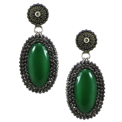 #758e Gunmetal & Emerald Cabochon Drop Earrings