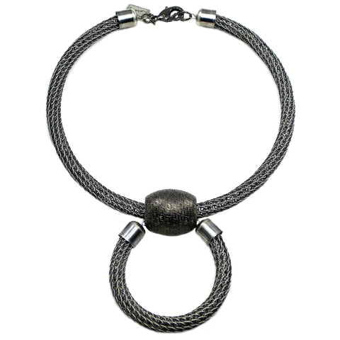 #107n Gunmetal Metal Mesh Necklace With Hoop