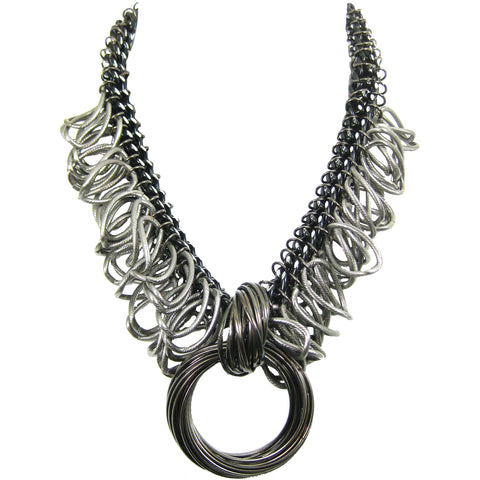 #968n Silver, Black & Gunmetal Tone Multi Chain Fringed Pendant Necklace