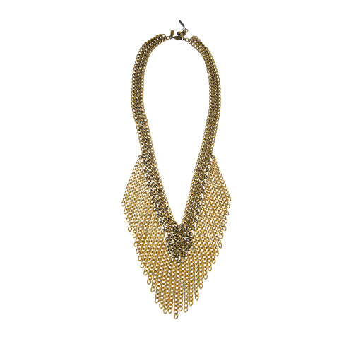 #979n Gold Tone Chain Long Fringed Bib Necklace