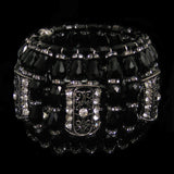 #1050b Jet Glass Bead, Silver Filigree & Rhinestone Cuff Bracelet