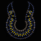 #1052n Black, Cobalt Blue, Yellow & Silver Tone Safety Pin Bib Necklace