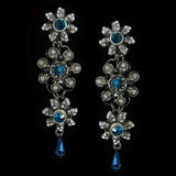 #1100e Silver Tone, Jet, Crystal & Aqua Floral Drop Earrings