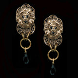 #1105e Old Gold Tone Filigree & Lion Head With Jet Drop Earrings