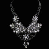 #1131n Silver Tone, Crystal & Hematite Floral Bib Necklace