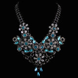 #1132n Silver Tone, Jet, Crystal & Aqua Floral Bib Necklace