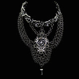 #1140n Silver Tone, Gunmetal, Jet & Crystal embellished Floral Choker/Bib Necklace