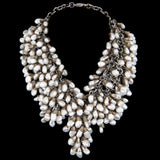 #788n Freash Water Pearl & Silver Tone Chainmail Bib Necklace