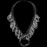 #968n Silver, Black & Gunmetal Tone Multi Chain Fringed Pendant Necklace