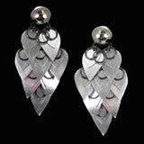 #990e Silver Leather Scales & Metal Ring Shoulder Duster Earrings