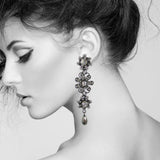 #1099e Silver Tone, Crystal & Hematite Floral Drop Earrings
