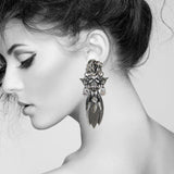 #1106e Gunmetal Floral Rhinestone & Filigree Drop Earrings