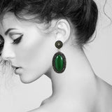#758e Gunmetal & Emerald Cabochon Drop Earrings