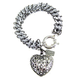 #103b Silver Tone Chain Mail Rope Bracelet With Filigree Heart