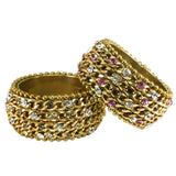 #1001b Gold Tone Chain, Ruby, Pink & Crystal Rhinestone Embellished Bangle Bracelet