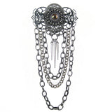 #1000p Silver & Gunmetal Filigree & Chain Pin With Spikes & Amber Cabochon