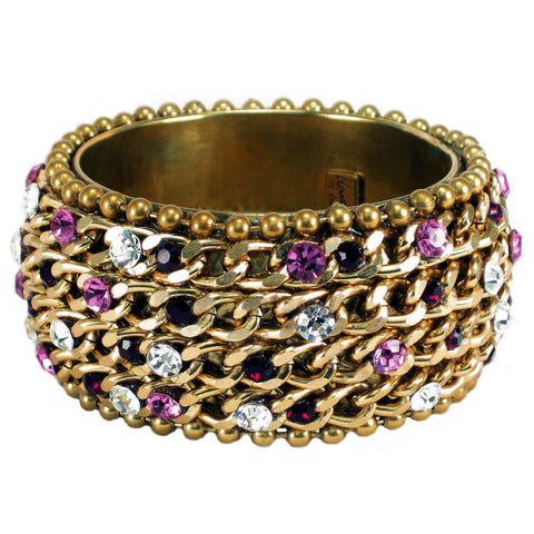 #1001b Gold Tone Chain, Ruby, Pink & Crystal Rhinestone Embellished Bangle Bracelet