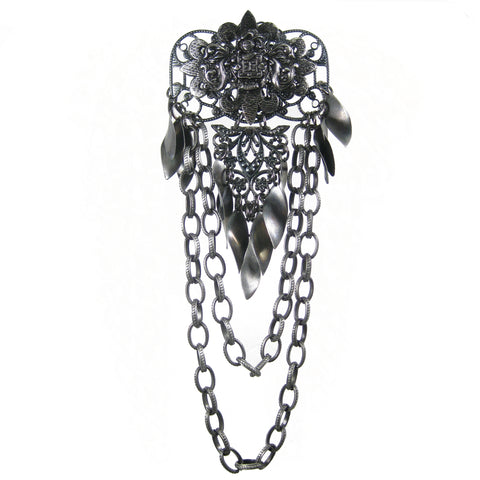 #1001p Gunmetal Filigree & Chain Pin With Metal Fringe