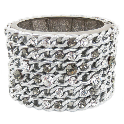 #1006b Silver Tone Chain & Rhinestone Encrusted Hinged Cuff Bracelet