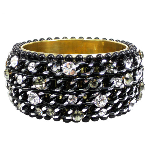 #1008b Black Chain & Rhinestone Embellished Bangle Bracelet