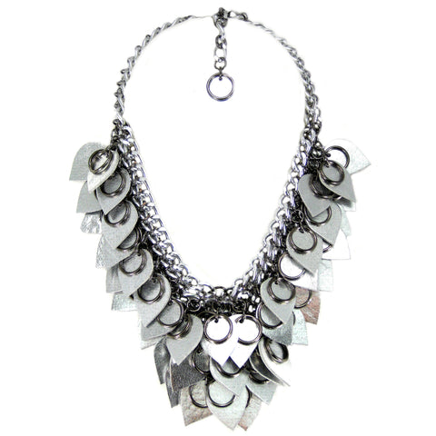 #1010n Chain Mail Bib Necklace with Silver Leather Scales & Gunmetal Rings