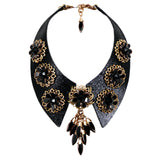 #1015n Black Leather Collar With Jet & Gold Tone Floral Detail