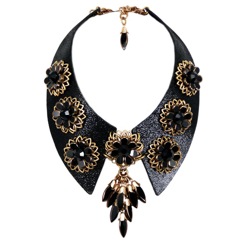 #1015n Black Leather Collar With Jet & Gold Tone Floral Detail